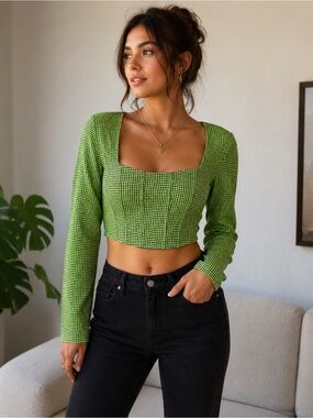 Zara Neon Green Houndstooth Cropped Square-Neck Top Size M Y2K Clubwear